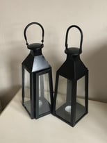 2x Black tealight lantern metal candle indoor outdoor