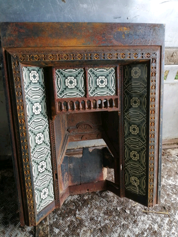 VINTAGE CAST IRON FIREPLACE WITH TILES
