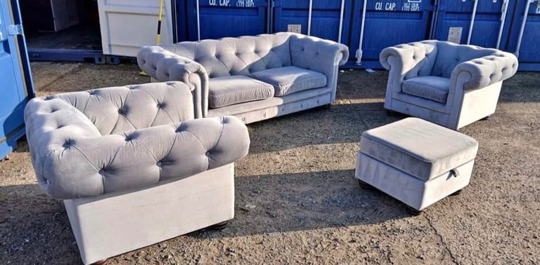 image for Beautiful Grey Velvet 3 Seater, 2 Single Chairs and Matching Footstool Sofa Set