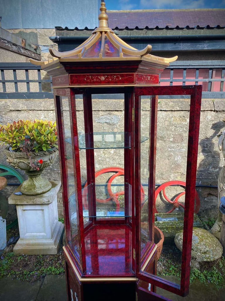 Tall (7ft) Chinese Oriental Style Red Lacquered Hexagonal Glazed Pagoda Display Cabinet