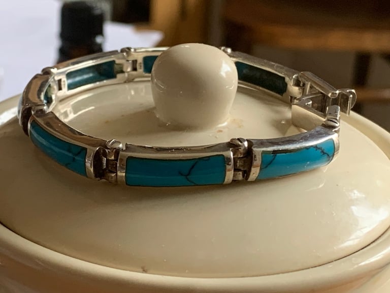 Vintage Mexican Sterling Silver Bracelet with Turquoise Inlay