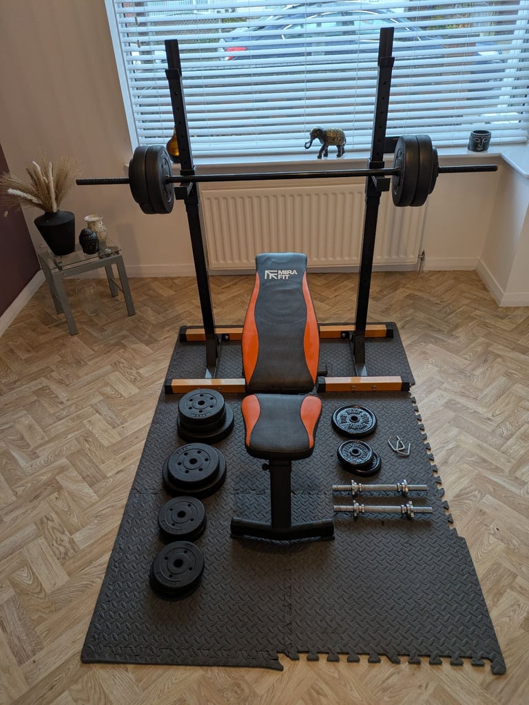 Gym bench, squat rack and weights 