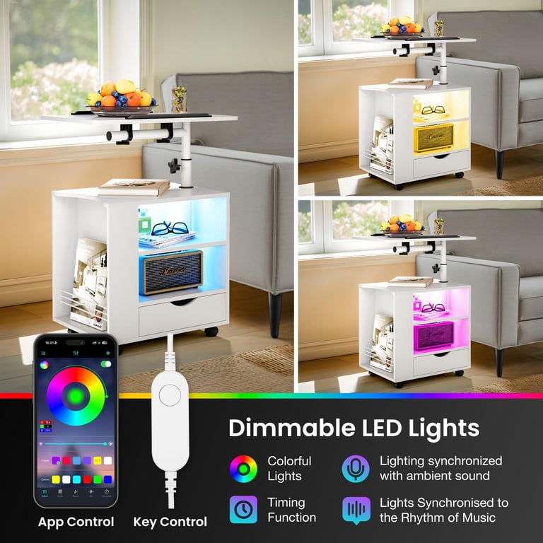 Bedside Table with LED Lights, Nightstand Side Table with Drawers