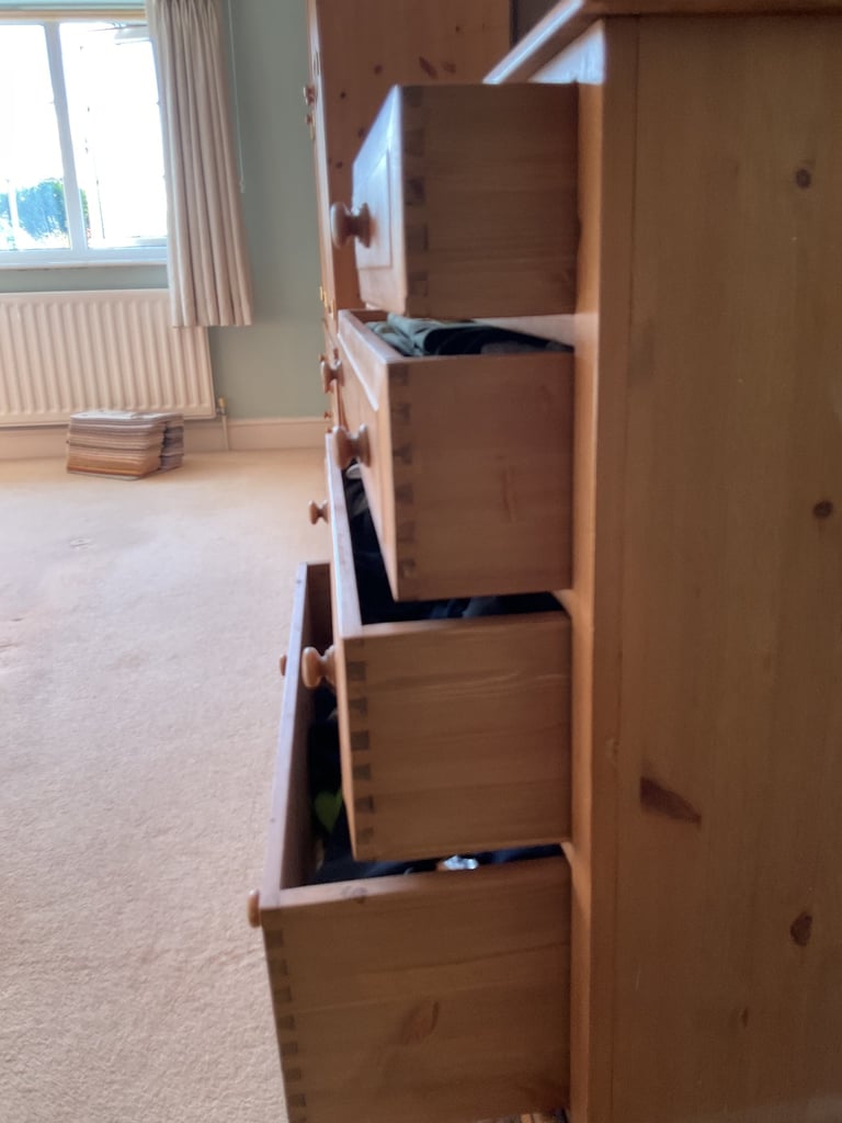 Artisan bespoke set bank of 10 waxed pine drawers dovetail joints drawers glide