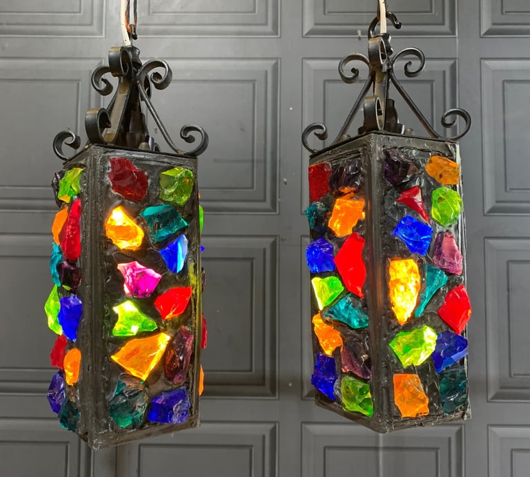 SOLD Pair of Vintage Mid Century Peter Marsh Leaded Rock Glass & Wrought Iron Lantern Lamps 50s 70s