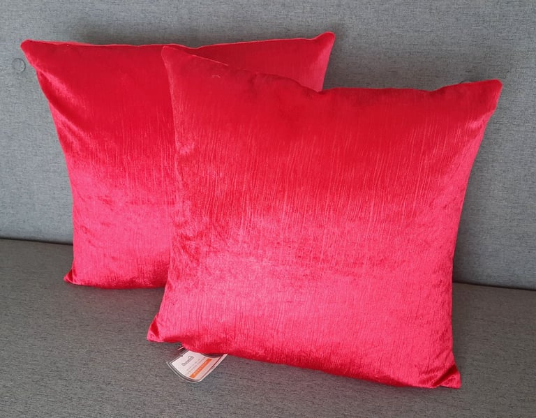 image for 4 New Red Cushions from Dunelm Mill, 43x43cm, 17x17", Velour, Slight Shimmer, RRP £8+£5 each