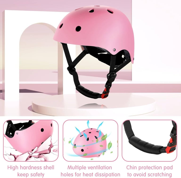 image for new in packaging - kids helmet in pink with wrist, knee and elbow guards