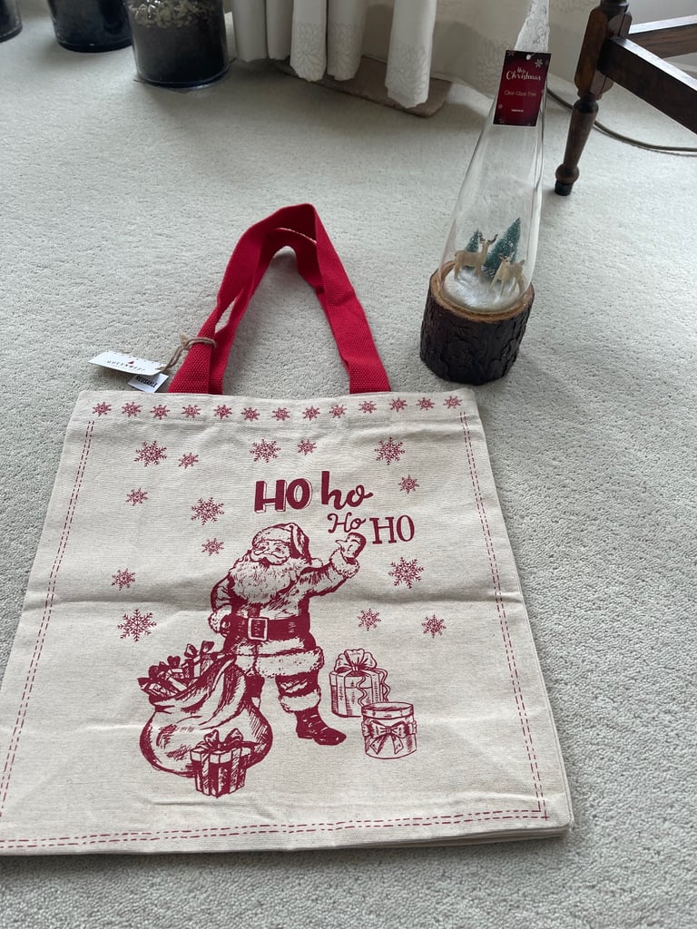 Xmas tote bag and glass Christmas decoration. New. £10 for both. Fulham