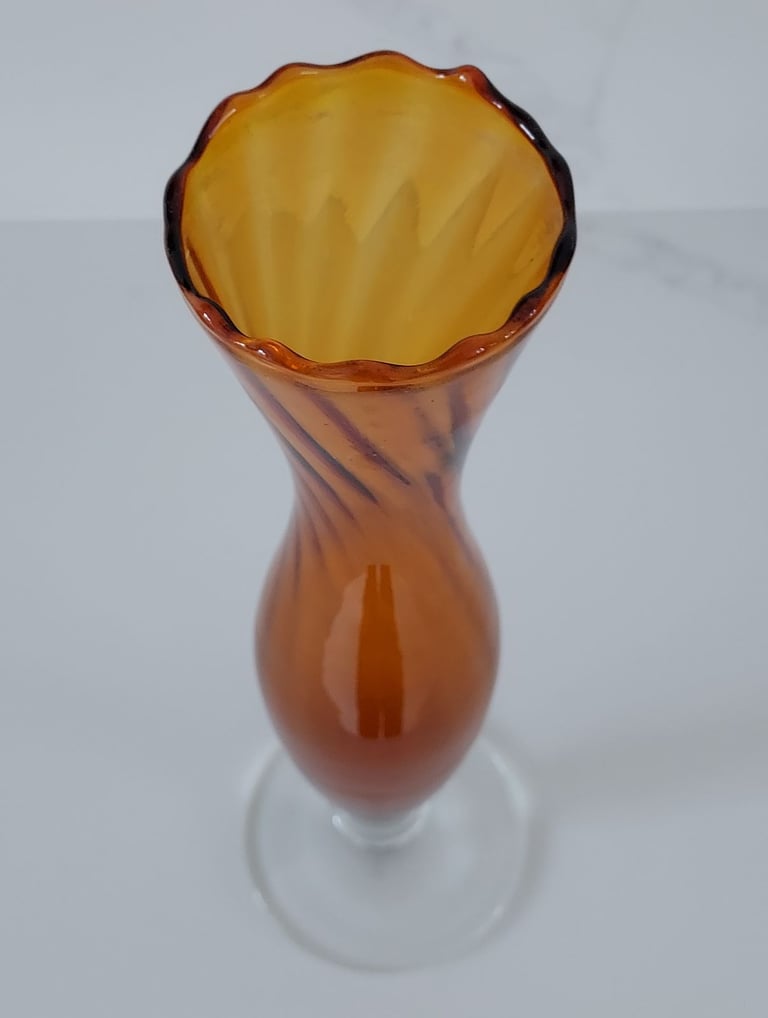 Vintage Amber Glass Bud Vase Clear Foot 25 cm Tall
