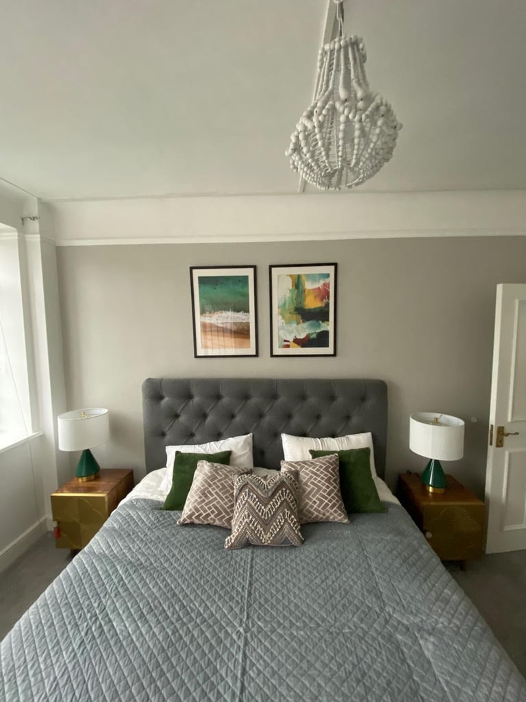 image for Super king bed in Ash soft wool and English oak legs