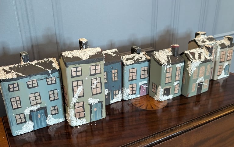 Folk art hand painted winter houses. Three for £10