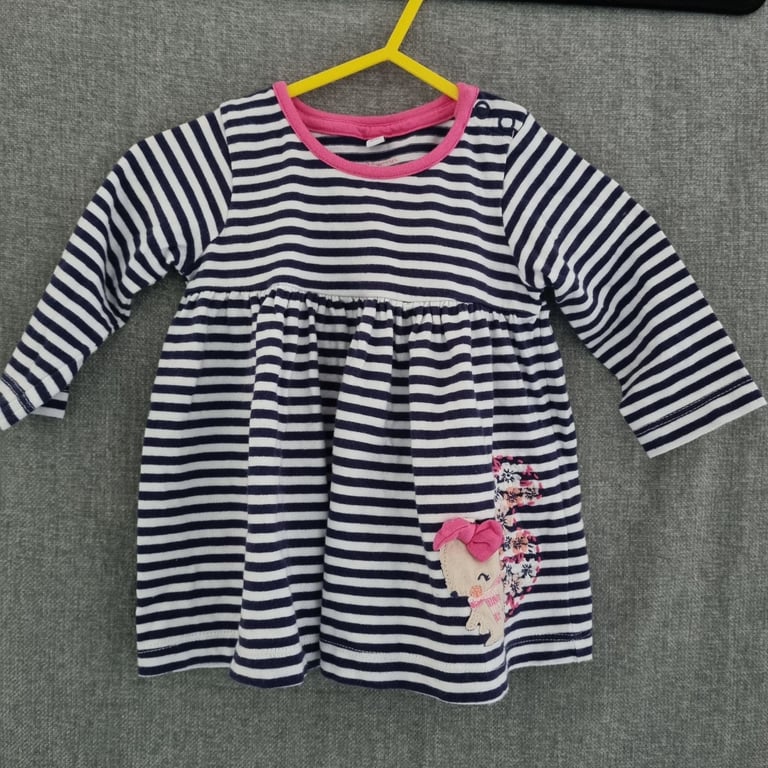 image for Blue Zoo Baby Girls Navy/White Striped Dress 0-3 Mnths. Embroidered Squirrel VGC