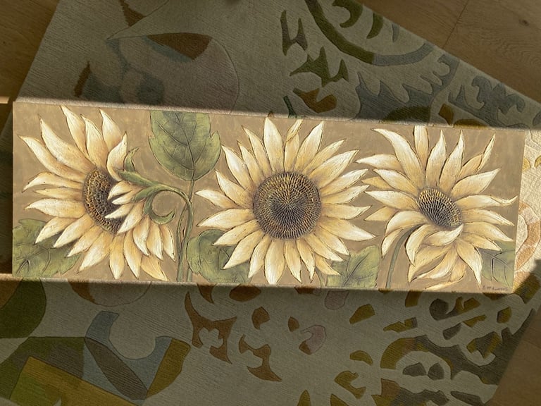 image for Extra Large Original Painting of Sunflowers 150cm x 50cm with Gold Finish