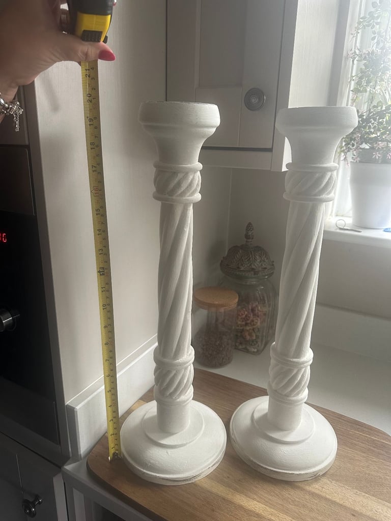 image for TWO WHITE 20in TALL BARLEY TWIST TIMBER CANDLE STICKS