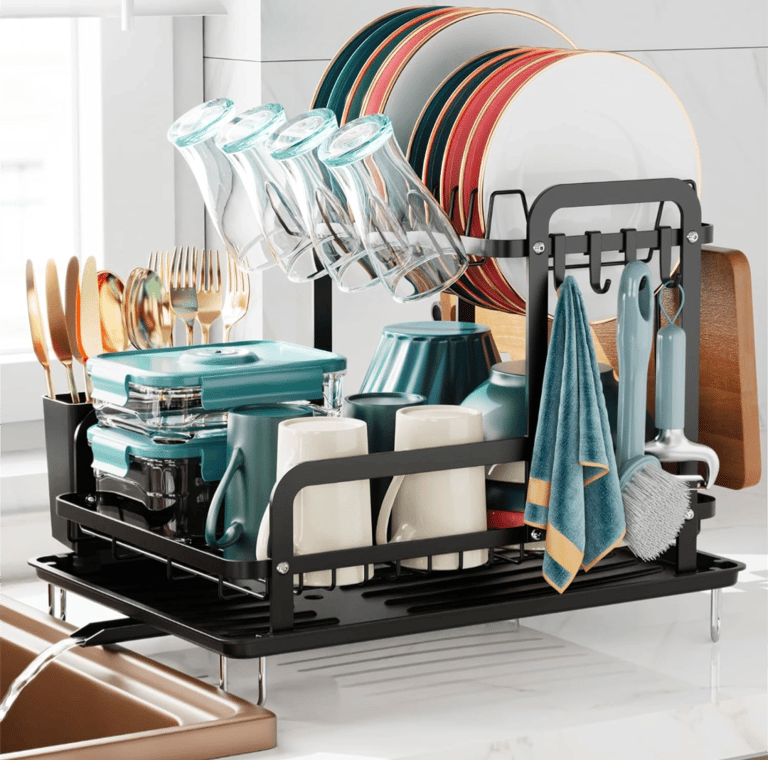 2 tier dis drainer, large kitchen dish rack with utensil + cup holder 