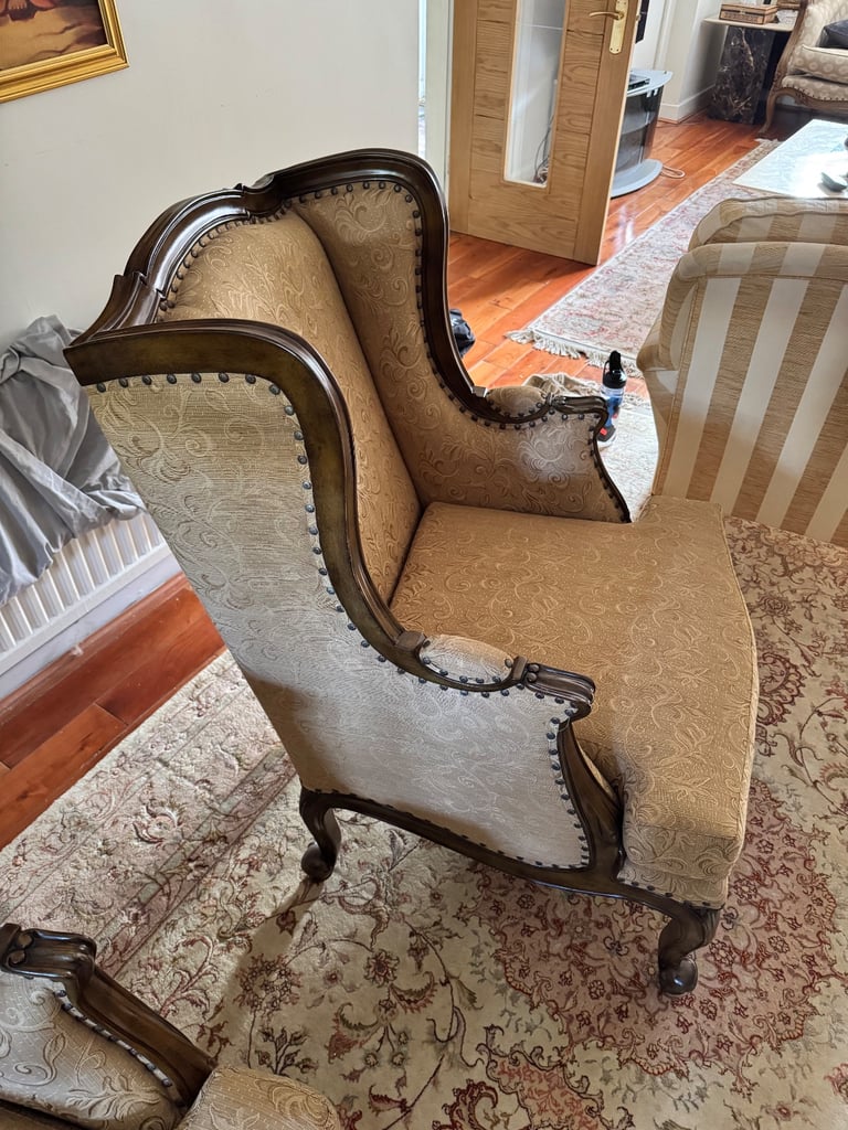 Antique Style Wingback Armchair - Carved Wood Frame & Jacquard Fabric