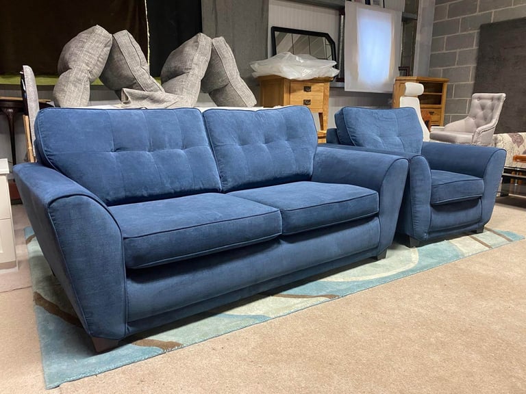 Blue Fabric 3 Seater Sofa and Chair excellent condition 