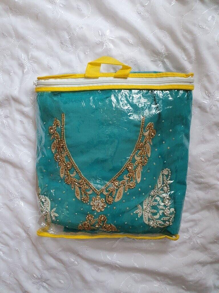image for Unstitched Suit – Embroidered Turquoise/Gold 5-piece Suit 