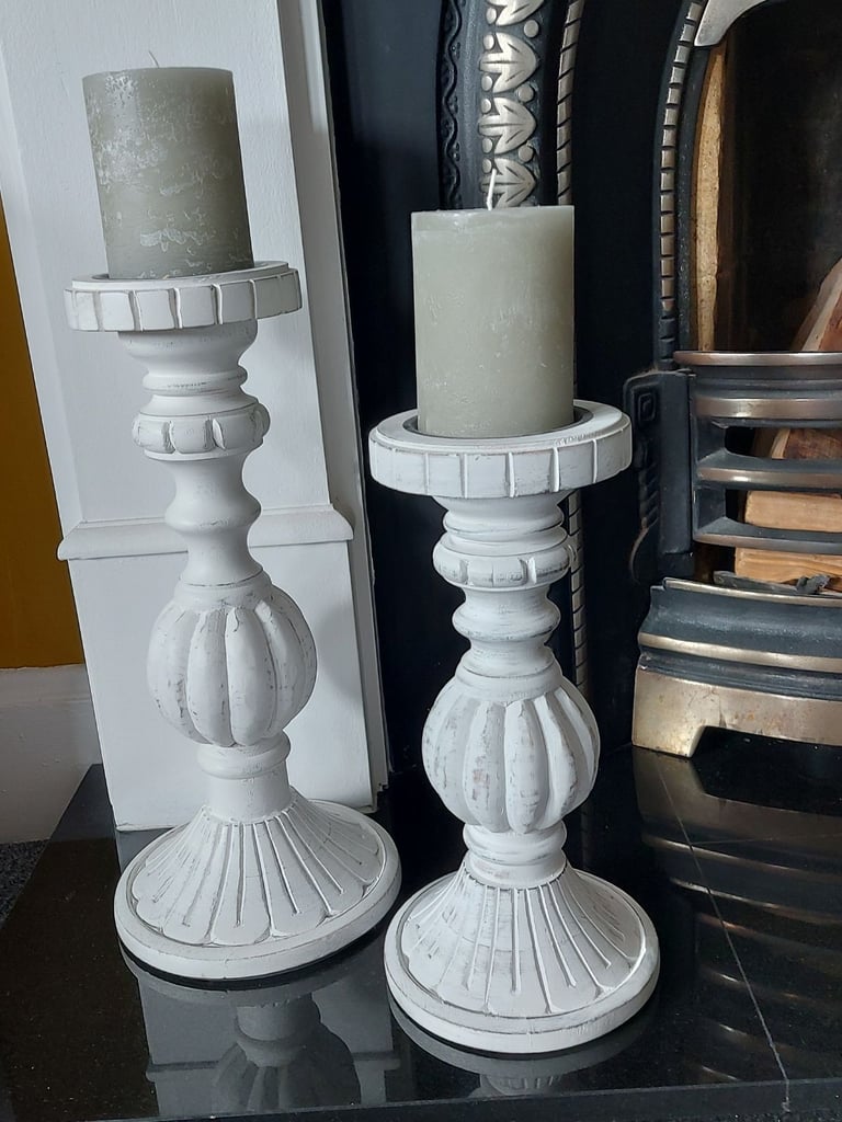 image for Shabby chic white rustic candle stick holders and candles x two