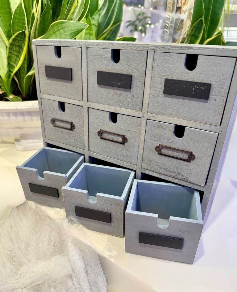 image for Wooden set of 9 drawers, excellent storage solution, measures 34 cm wide, 28cm tall x 9cm