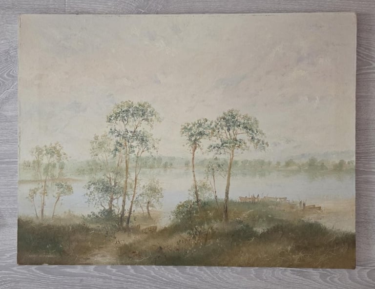 Unnamed Original Painting by Self Taught Artist Peter Drewett Riverside Scene