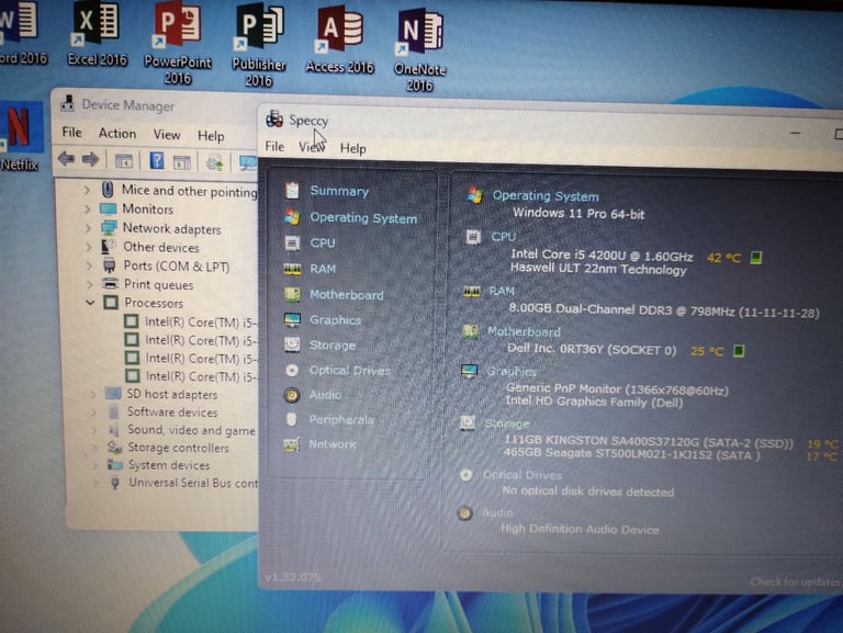 Windows 11, 8GB RAM, i5, 120GB SSD + 500GB HDD, Dell laptop. FULL MICROSOFT OFFICE, HDMI, Cam