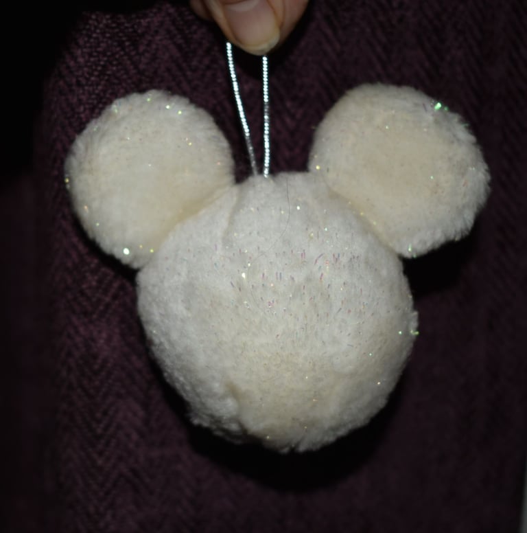 Vintage DISNEY Mickey Mouse Christmas Tree Bauble Hanging Decoration White Faux Fur