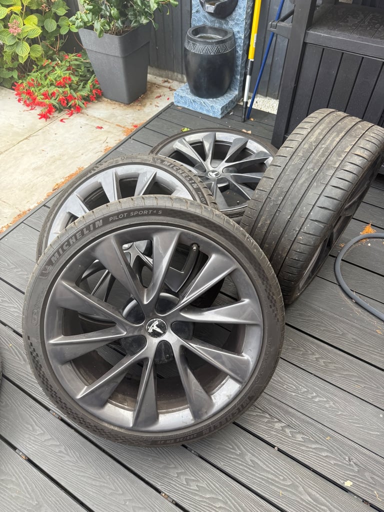 ✅ GENUINE TESLA TURBINE 21 INCH MODEL S SONIC CARBON ALLOY 5 WHEELS + TYRES