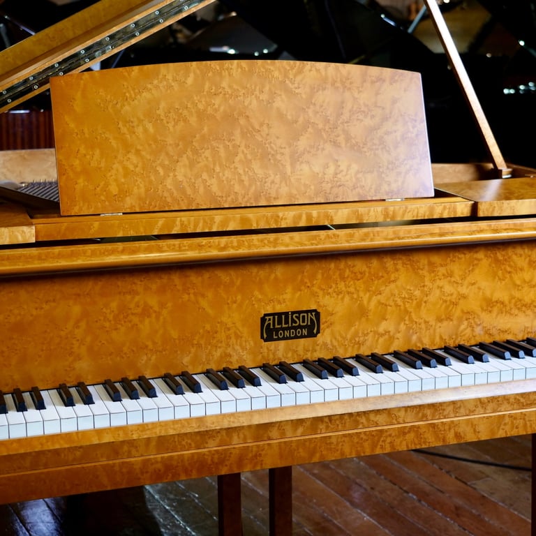 Art Deco Allison Baby Grand Piano Bird Eye Case | Delivery, Tuning, Warranty, Stool