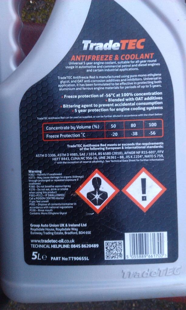 5 LITRE SEALED CONTAINER OF TRADETEC ANTIFREEZE / COOLANT