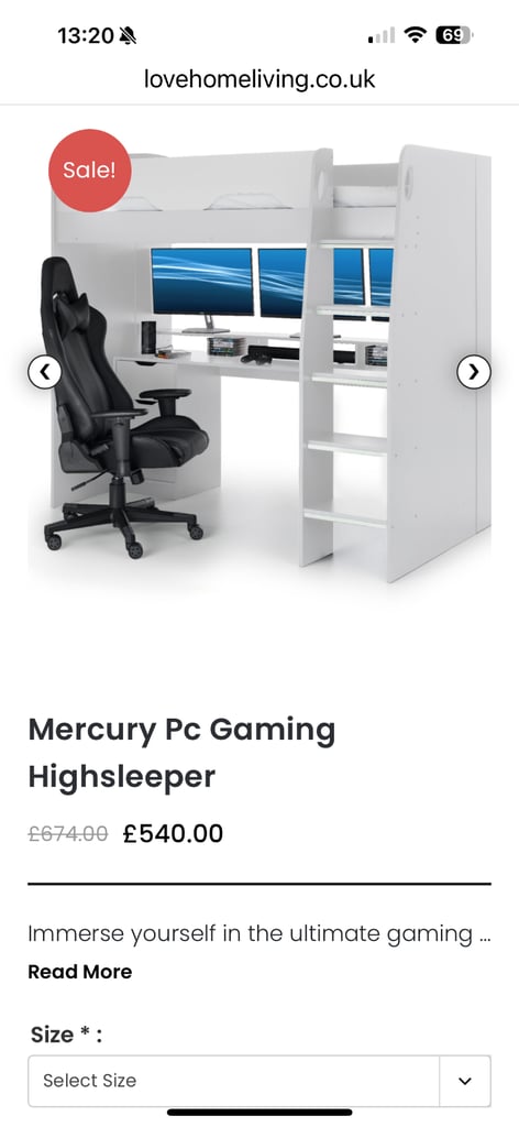 **NEW IN BOX** Mercury High Sleeper Gaming Bed With Under Desk CURRENTLY SELLING IN SHOPS FOR £609