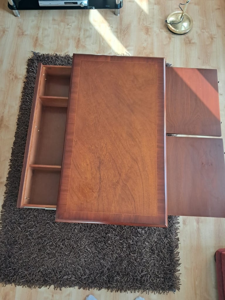 Bradley Furniture Burr Yew Wood Two Drawer Coffee Table + Butlers Serving Trays