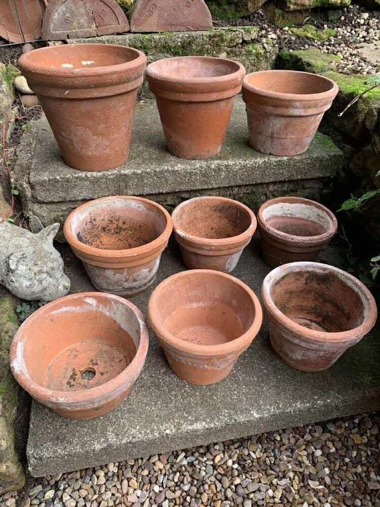 image for 9 super vintage terracotta plant pots, no cracks 