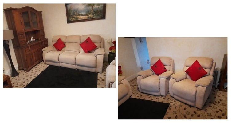 image for Lovely Beige Fabric SCS 3 seater electric reclining sofa and 2 matching electric reclining chairs