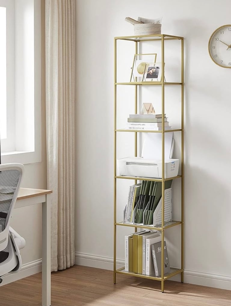 Glass Shelf Bookcase Steel Structure Gold Colour