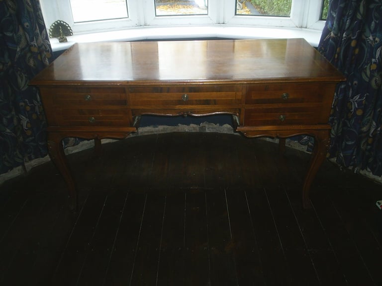 Writing Desk & Chair. Queen Ann Style 5 Drawer Walnut Desk & High Back Padded Chair 