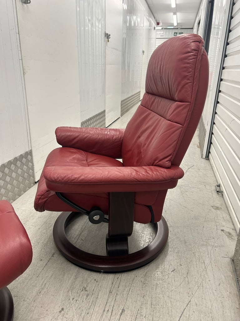 Ekornes Stressless Sunrise Recliner Red Leather Chair & Footstool - Medium Size