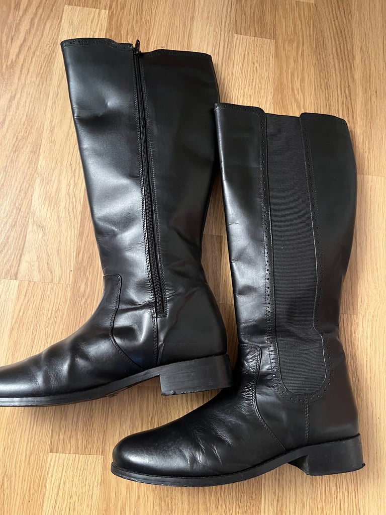 Eu42 Genuine Leather Stretch Calf Low Heel Knee High Boots