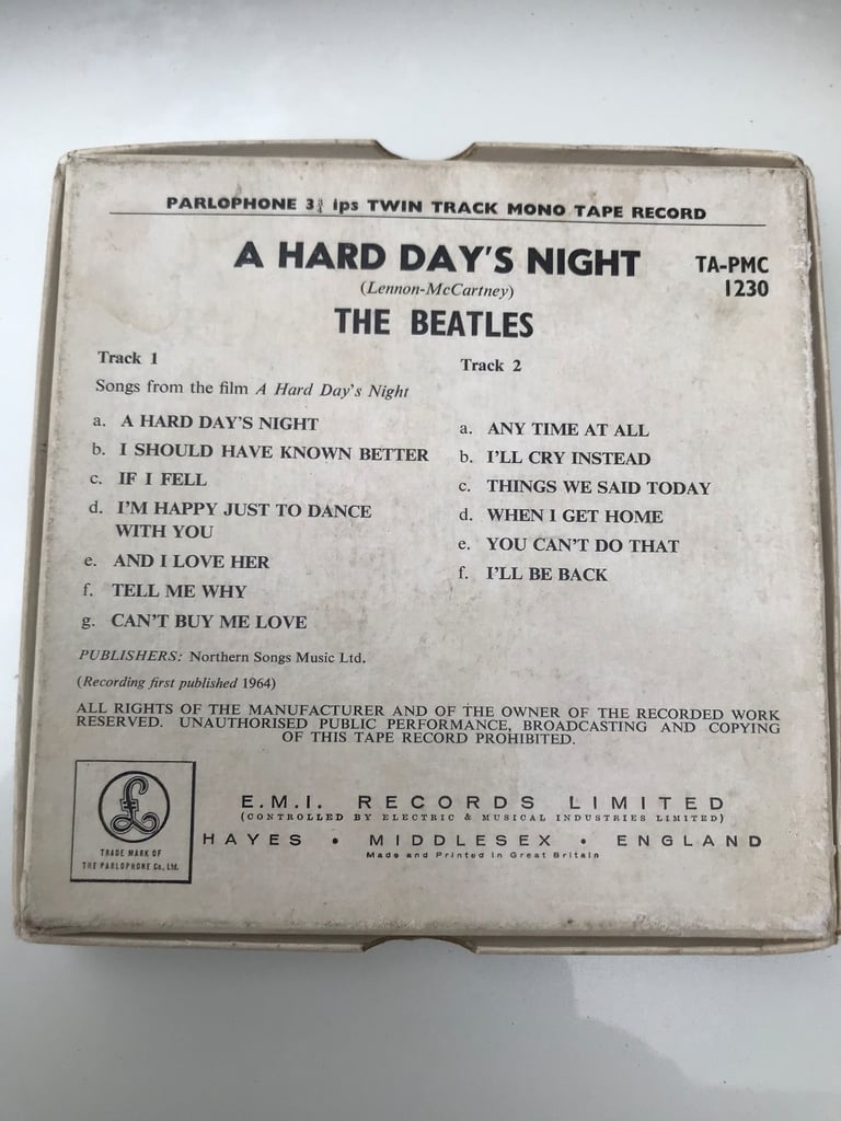An original rare 1964 twin track mono reel to reel tape of The Beatles album ‘A Hard Day’s Night