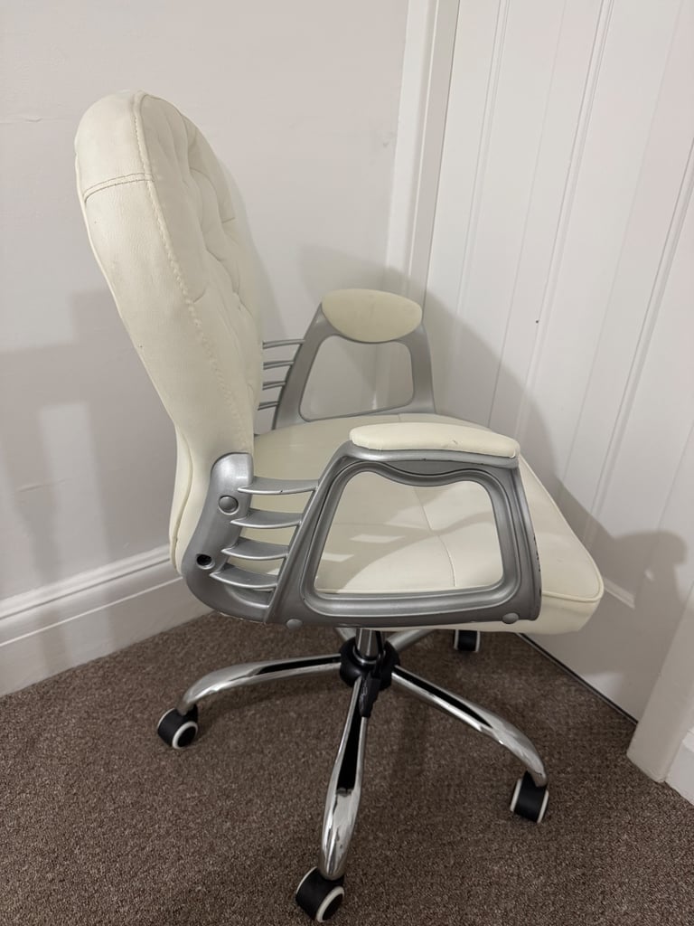 Faux White Leather Ergonomic Office Desk Chair with Wheels by Living & Home