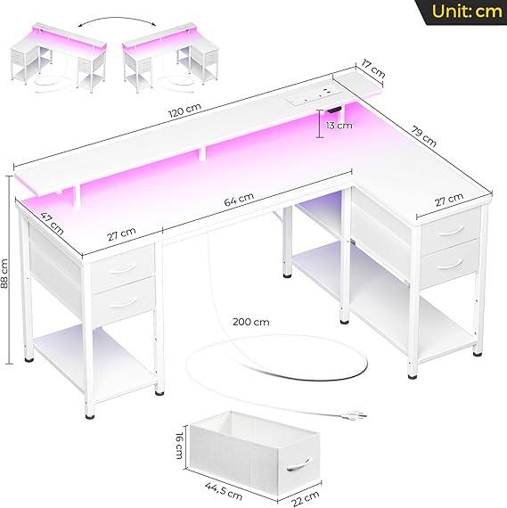 Computer Desk(LED Lights,USB Ports, Power Outlets, Monitor Stand,Reversible Design)