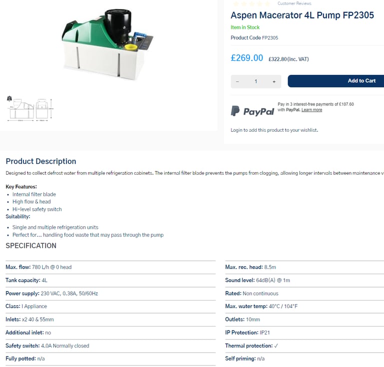 aspen FP2305, 4ltr condensate pump for chiller cabinets