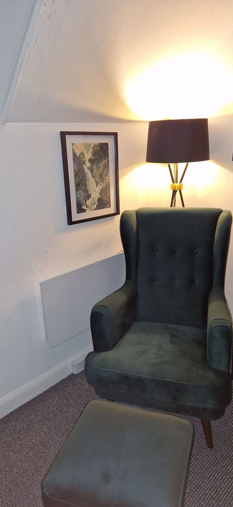 Peacock velvet Armchair with matching footstool 