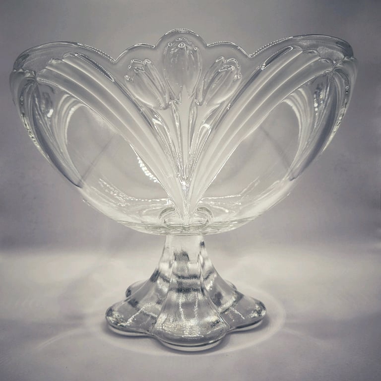 Elegant Glass Footed Fruit Bowl with Embossed Tulips