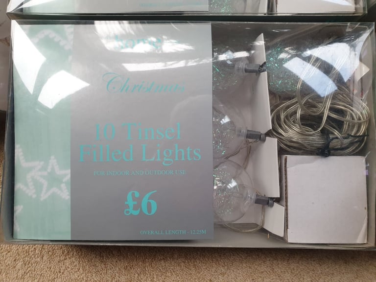 Christmas Tree Tinsel Filled Lights x 20 & 28 Matching Baubles  