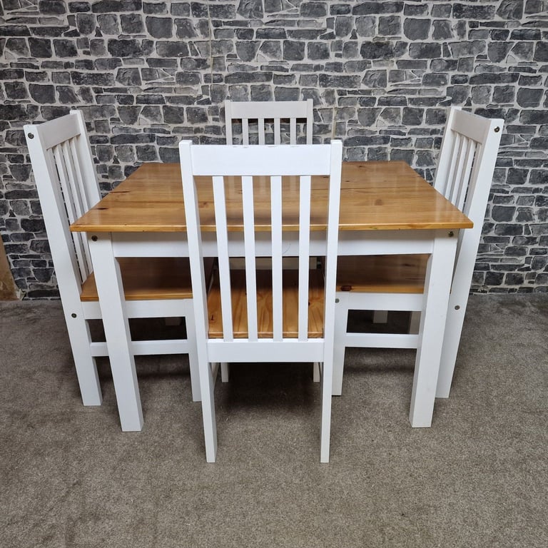 Solid Pine and White Dining Table with 4 Chairs