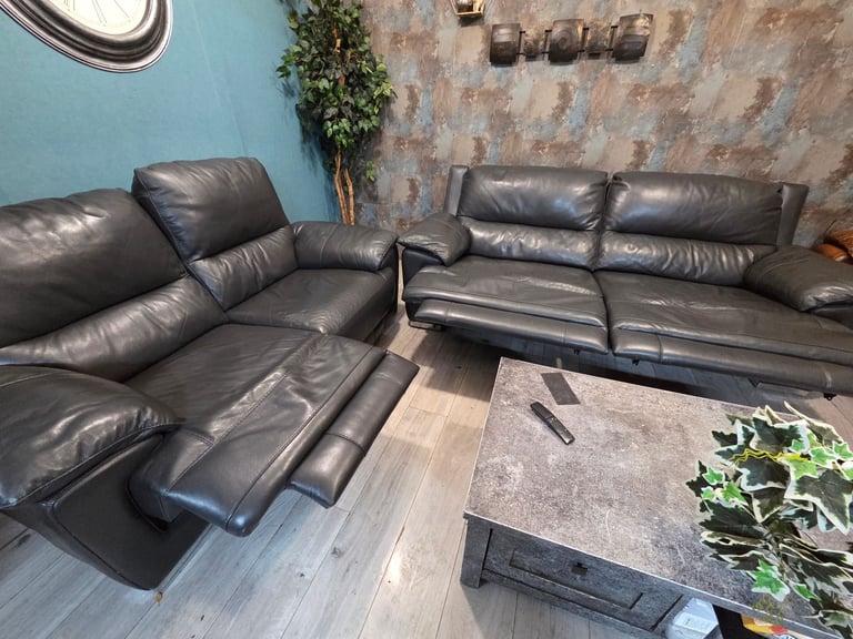 Harveys dark grey GENUINE leather electric recliner 3+2 seater sofas