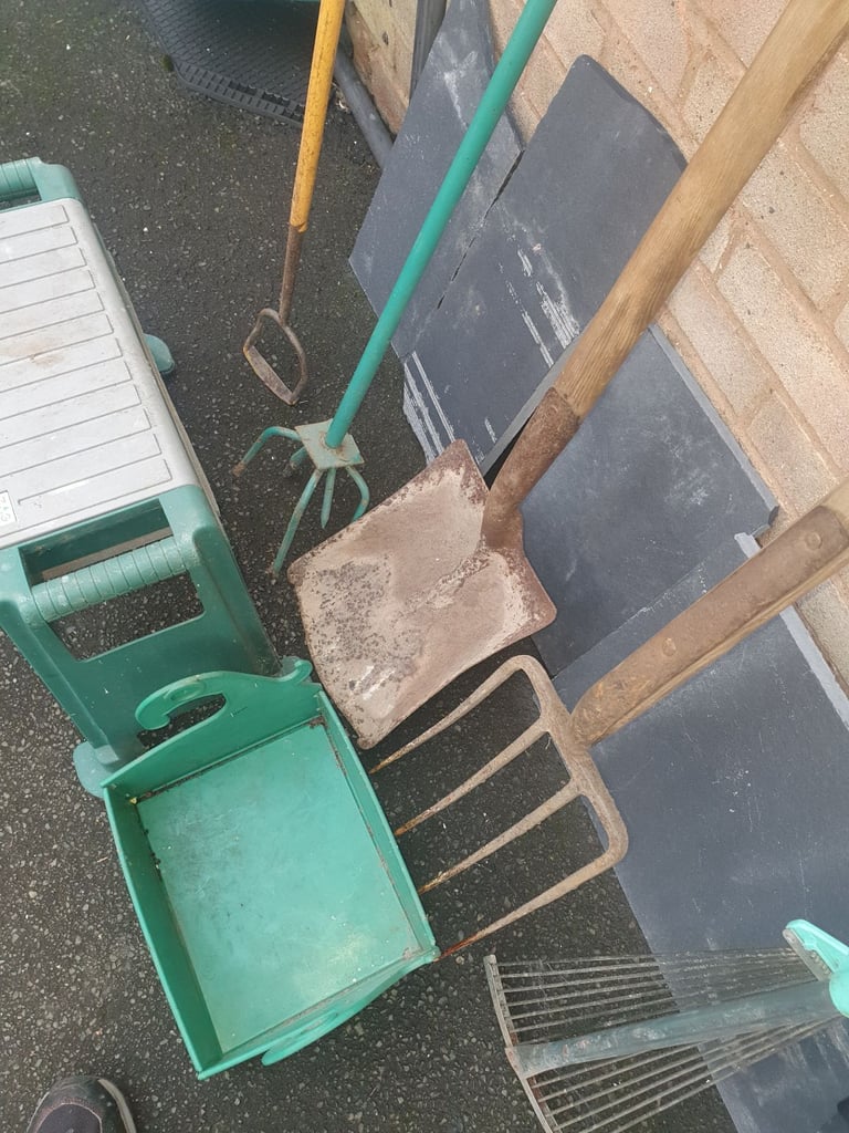 Joblot Of Garden Tools - Fork, Shovel , Hoe, Rotivator, Rake, Cutters , Kneeling Box & Tray , Decent
