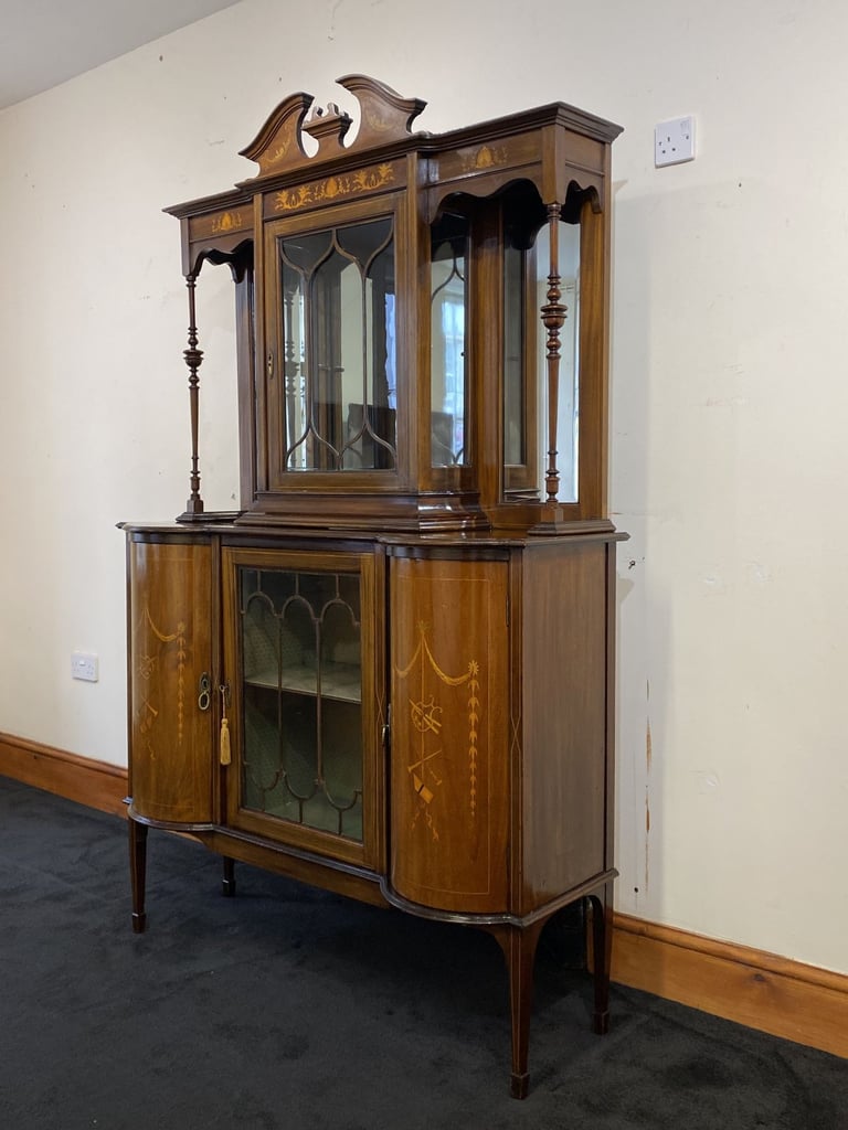 Fine Edwardian Mahogany & Satinwood Marquetry Glazed Sideboard Display Cabinet