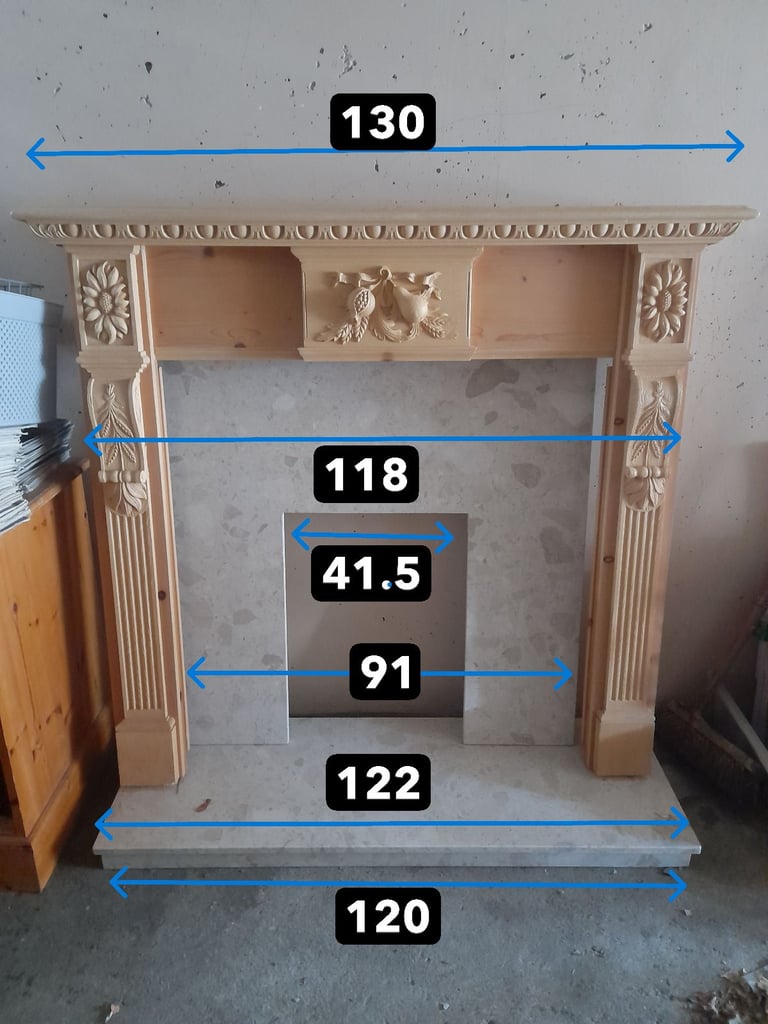 Fireplace surround marble wood resin hand carved 125cm x 130cm x 40.6cm